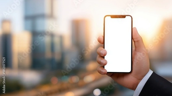 Fototapeta Businessman with suit hand holding phone with white screen on corporate buildings background, space for text