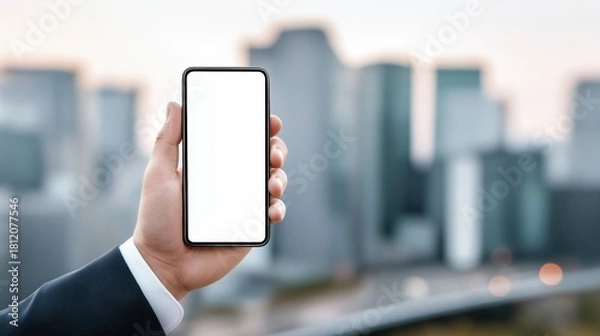 Fototapeta Businessman with suit hand holding phone with white screen on corporate buildings background, space for text