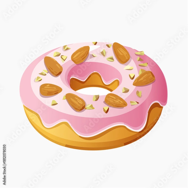 Fototapeta Vector icon illustration of a delicious donut with sweet almond topping. Cute, appetizing design suitable for bakery branding, menus, and playful food graphics