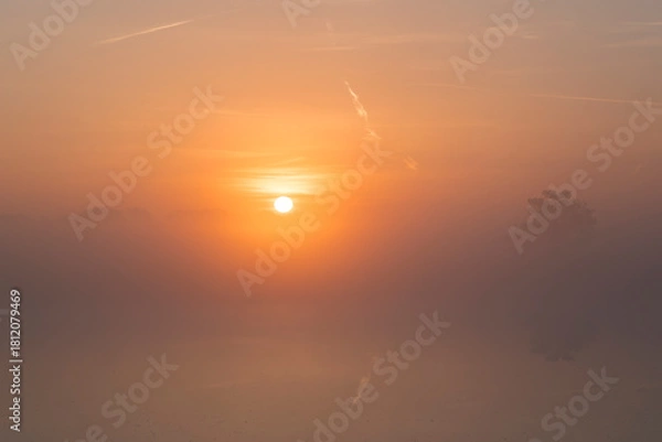 Fototapeta A sunrise over a lake with reed in the front on the side in the Netherlands. The sky is orange and the sun is rising in the middle of the photo.