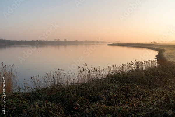 Fototapeta A sunrise over a lake with reed in the front on the side in the Netherlands. The sky is orange and the sun is rising