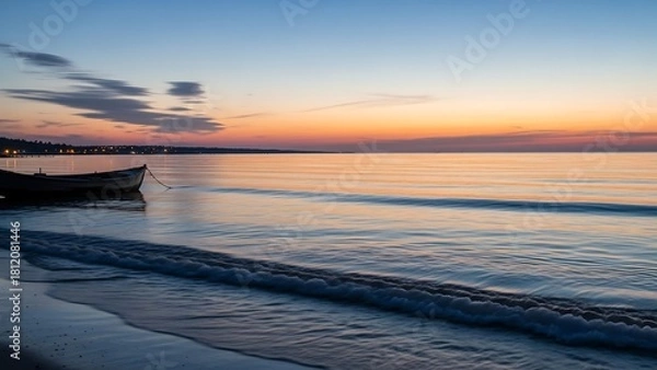 Fototapeta Serene Beach Sunset with Boat and Calm Waters.