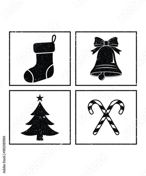 Fototapeta Rustic Grunge Christmas Icon Collection with Stocking, Bell, Tree, and Candy Cane Silhouettes for Vintage Holiday Design Projects.