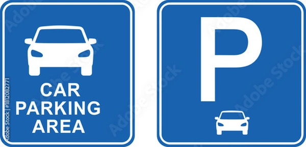 Fototapeta Graphic icon collection representing vehicle parking lot directions and traffic regulation, suitable for municipal signage, website maps, and travel applications.
