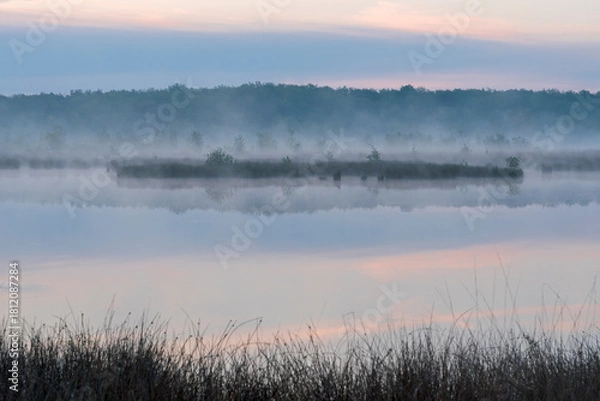 Fototapeta In the early morning a lake with a reflection of the sky. The sky is overcast and the air is cool and damp. The scene is quiet and peaceful, with the lake providing a sense of solitude and calm. Dwing