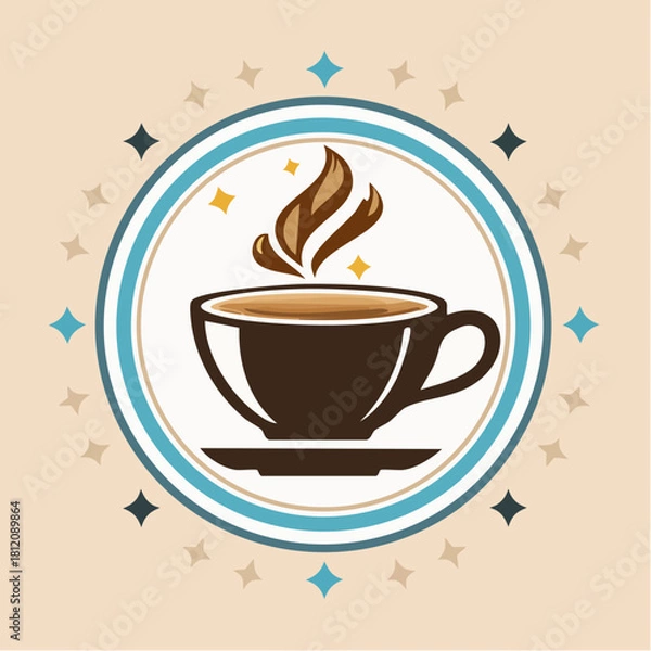 Fototapeta Retro-style vector illustration of a steaming hot coffee cup, featuring bold vintage lines and classic café aesthetics for nostalgic design themes