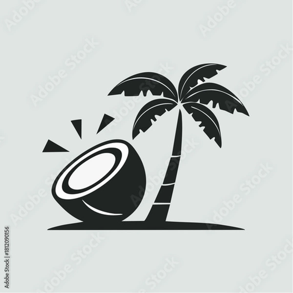 Fototapeta Black-and-white retro-style vector of a coconut tree with falling coconuts. Minimalist vintage design featuring bold lines and classic tropical imagery