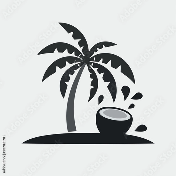 Fototapeta Black-and-white retro-style vector of a coconut tree with falling coconuts. Minimalist vintage design featuring bold lines and classic tropical imagery