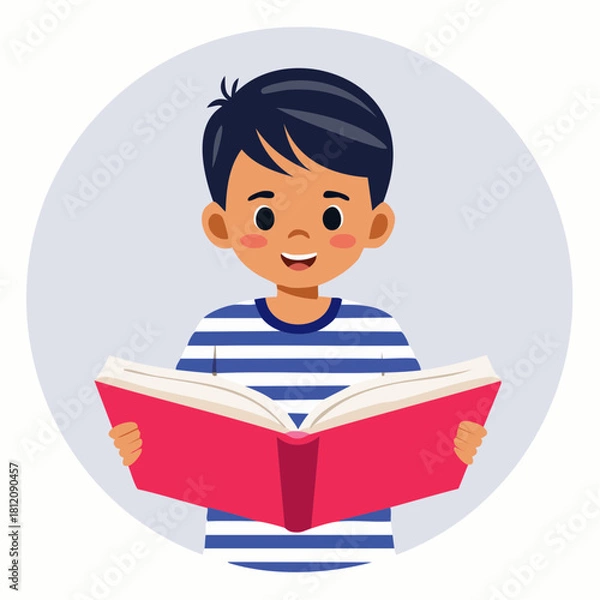 Fototapeta Vector illustration of a young boy reading a book, wearing a blue-and-white striped shirt. Cute, educational scene suitable for learning materials and children’s content
