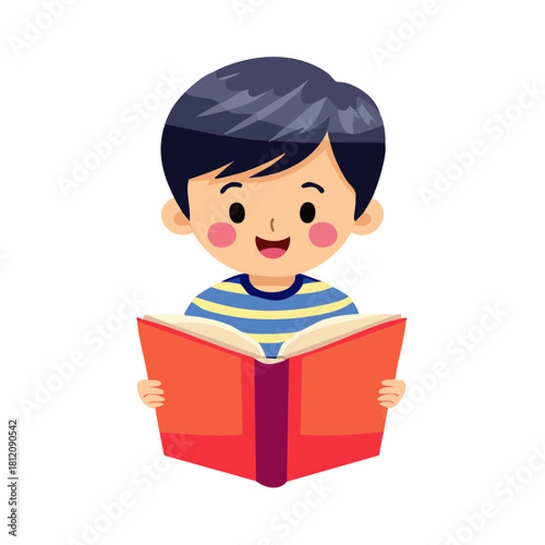 Fototapeta Vector illustration of a young boy reading a book, wearing a blue-and-white striped shirt. Cute, educational scene suitable for learning materials and children’s content