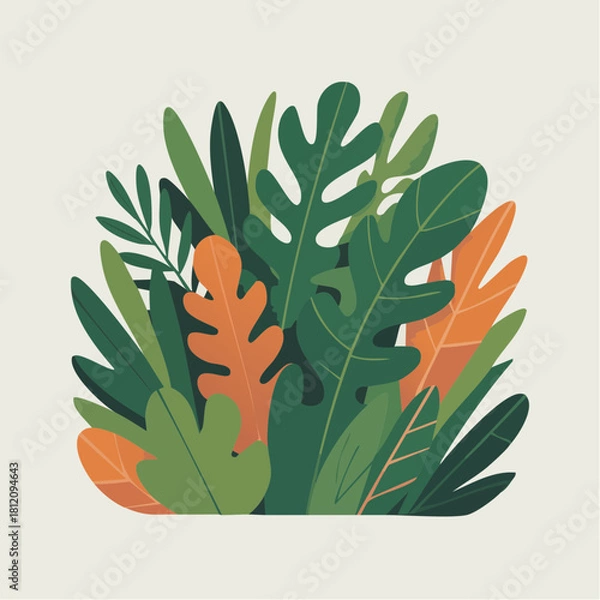 Fototapeta Lush tropical foliage arrangement in vibrant greens and oranges, perfect for adding a touch of nature to any design project, modern botanical illustration