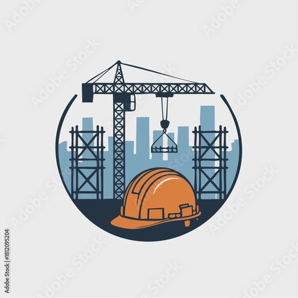 Fototapeta Construction site safety with a hard hat and crane overseeing the building process, symbolizing progress and industry advancement, scalable graphic
