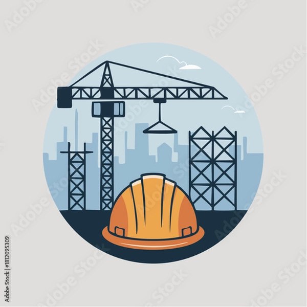 Fototapeta Bold construction site illustration showcases urban development with crane and safety helmet creating a sense of progress and modern infrastructure growth