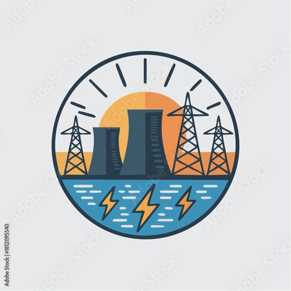 Fototapeta Modern power generation emblem showcasing nuclear plant, transmission towers, and energy bolts for sustainable future, originally designed as vector art