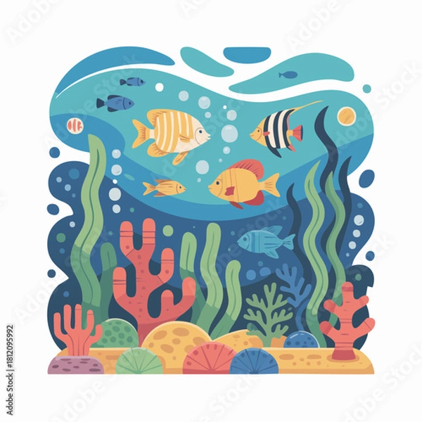 Fototapeta Dive into Adventure with this Captivating Underwater Scene Featuring Vibrant Fish, Coral Reefs and Aquatic Plants for Children's Books and Educational Materials