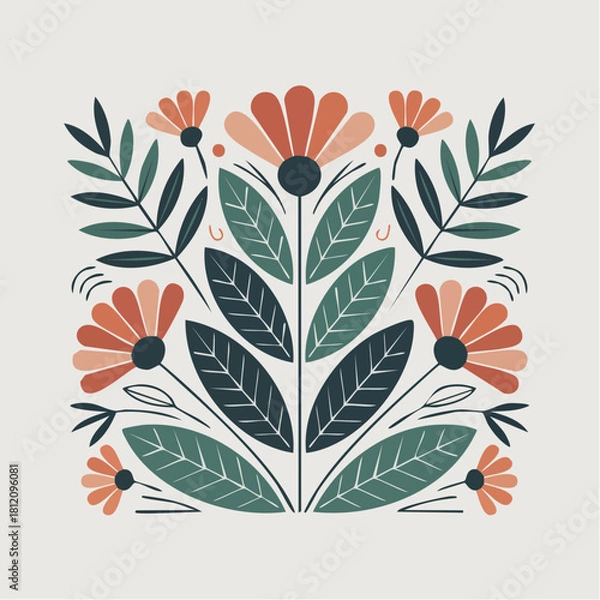 Fototapeta Stunning floral folk art illustration with symmetrical botanical design perfect for spring projects and elegant invites, originally scalable vector