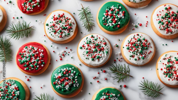 Fototapeta Top view of fictional pale Christmas cookies with white and colored frosting and red and green sprinkles. With tiny pine branches. Festive setting for winter menu visuals, holiday features.