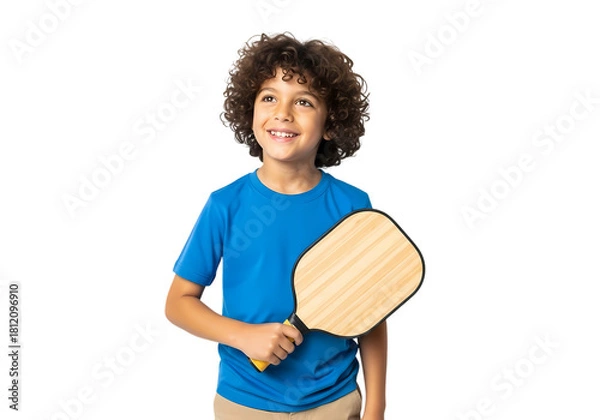 Fototapeta Smiling boy with paddle dreams of ping pong glory