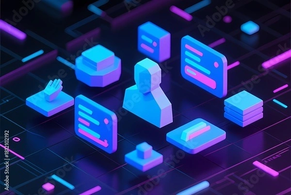 Obraz Low Poly Isometric UI Elements Neon Technology Background.