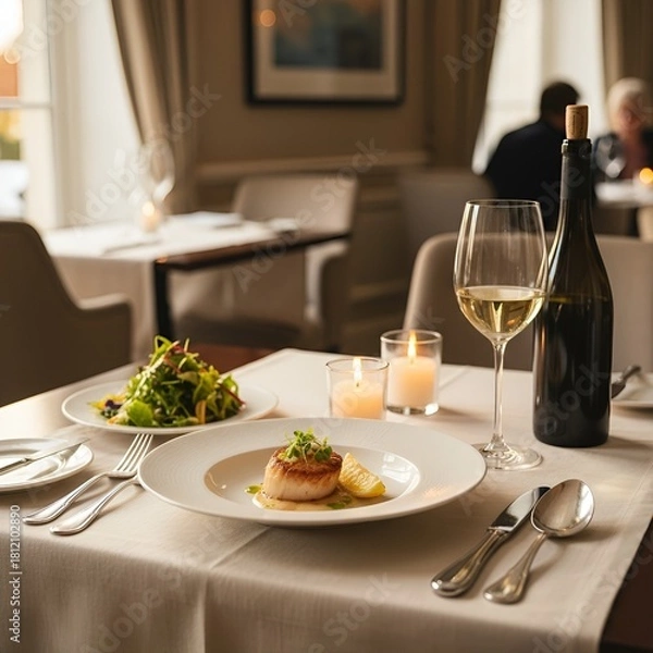 Obraz Gourmet Seared Scallop Dish on Elegant White Porcelain, Paired with White Wine and Fresh Salad in a Luxury Fine Dining Restaurant Setting.