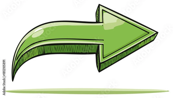 Fototapeta Glossy green arrow pointing right with a curved tail in a vibrant hand drawn style