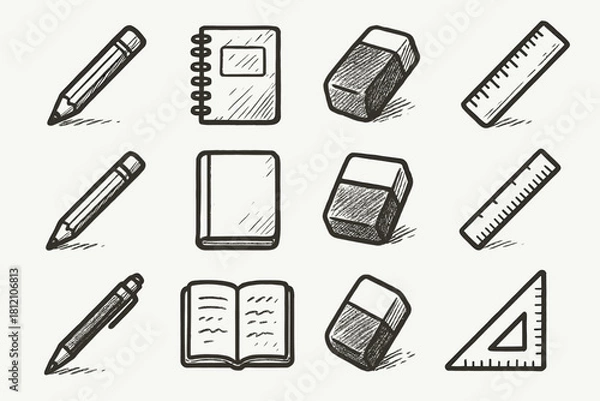 Obraz Drawing minimal icon ruler essentials vector icons sketch creative eraser tools notebook