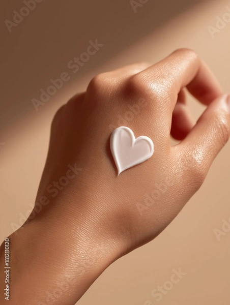 Fototapeta Hand applying heart-shaped cream on skin with soft lighting  
