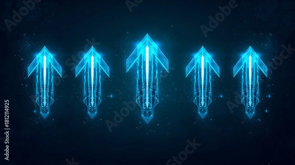 Obraz Five Arrows Glowing Blue Pointing Upwards in Dark Space Background Indicating Success