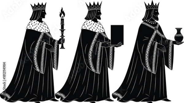 Fototapeta Royal three kings silhouette illustration carrying gifts in elegant robes and crowns, traditional biblical design perfect for Christmas, history, and cultural artwork
