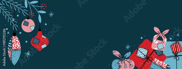 Obraz Festive folk Christmas background with patchwork ornaments, winter foliage, eco-friendly fabric-wrapped gifts in furoshiki style, creating a modern sustainable holiday design on a dark blue backdrop.