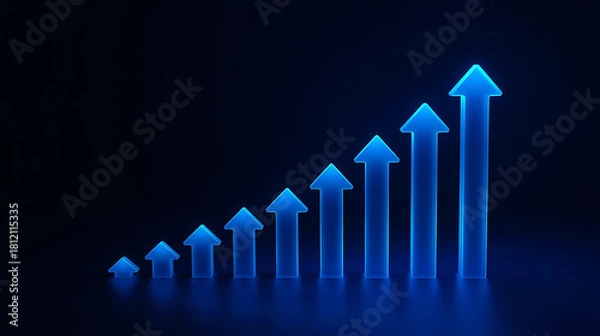 Obraz Glowing blue arrow graph illustrating business growth and upward trend on dark background