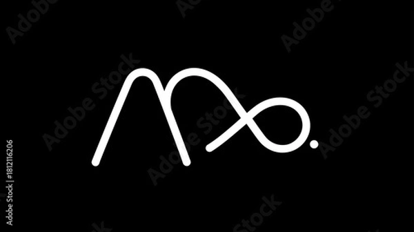Fototapeta Minimalist white continuous line art abstract graphic design with flowing loop and dot on a solid black background.
