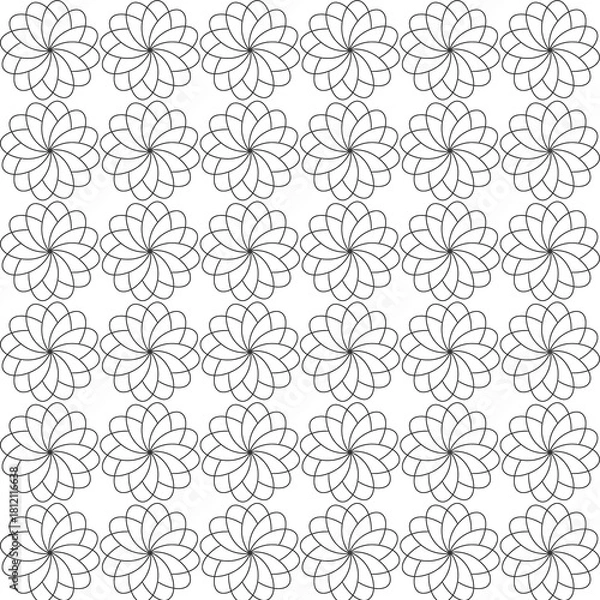Fototapeta Repeating pattern of outlined floral shapes arranged in a grid on a white background creating symmetry
