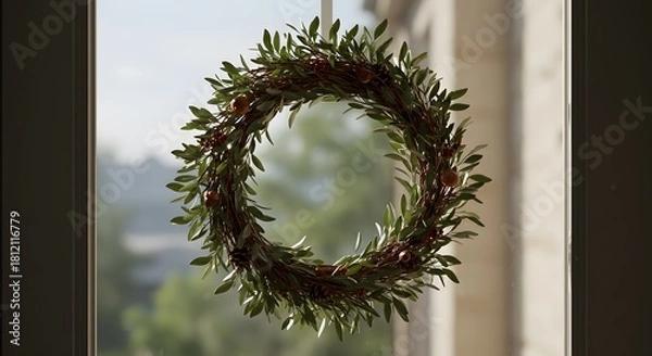 Fototapeta Closeup of a green christmas wreath with red berries on a window