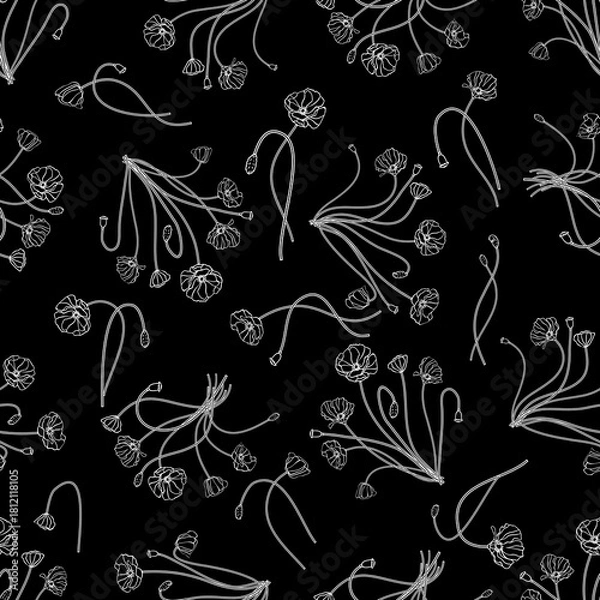 Fototapeta White floral outline pattern on a black background with repeating flower and stem arrangements scattered