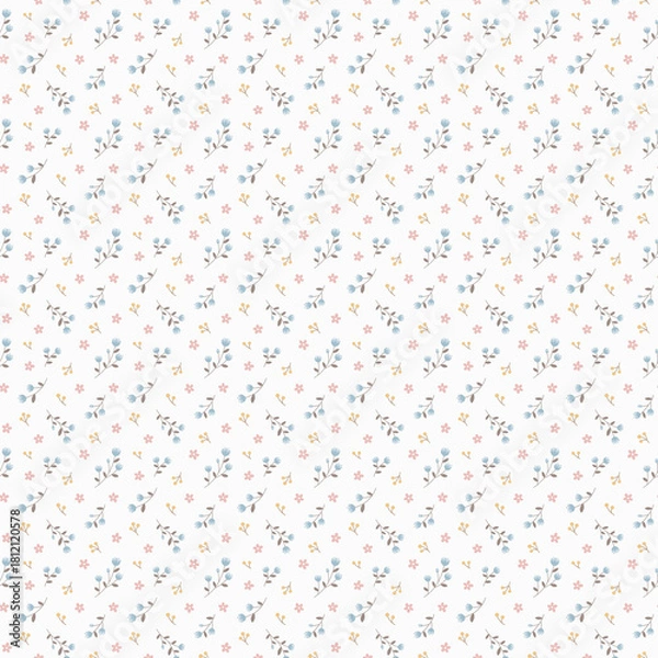 Fototapeta Repeating pattern of small flowers and leaves in pastel colors on a white background surface design