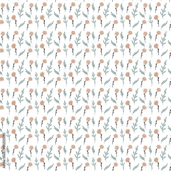 Fototapeta Repeating pattern of small peach colored flowers and green leaves on a white background in a dense design