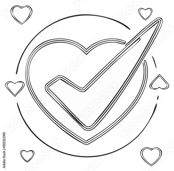 Fototapeta Hand drawn sketchy heart with check mark symbol surrounded by small hearts vector