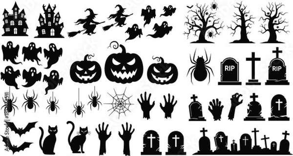 Fototapeta Big collection of Halloween black silhouettes including haunted house, witch, ghost, pumpkin, spider, grave, cat and zombie hand, vector illustration set isolated on white