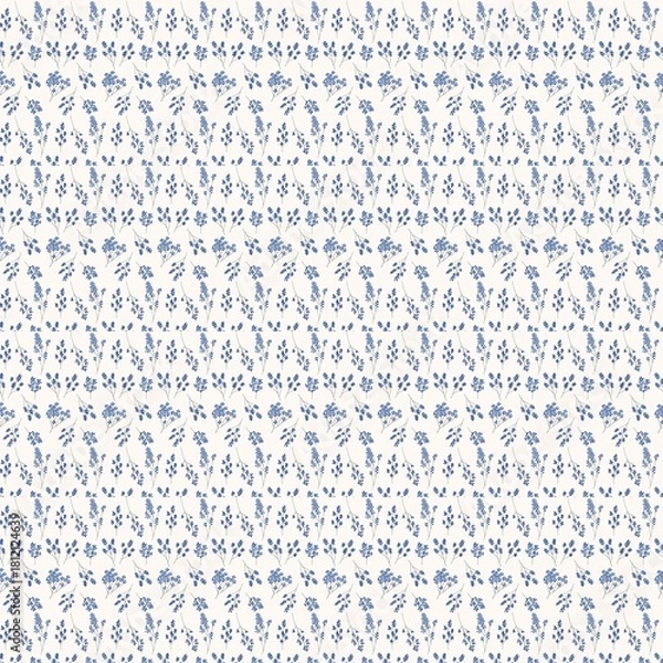 Fototapeta Repeating pattern of small blue floral sprigs on a white background creating a delicate and airy design