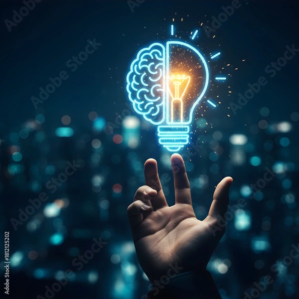 Fototapeta Creative innovation concept with glowing light bulb and brain outline symbolizing intelligence, idea generation, and startup creativity