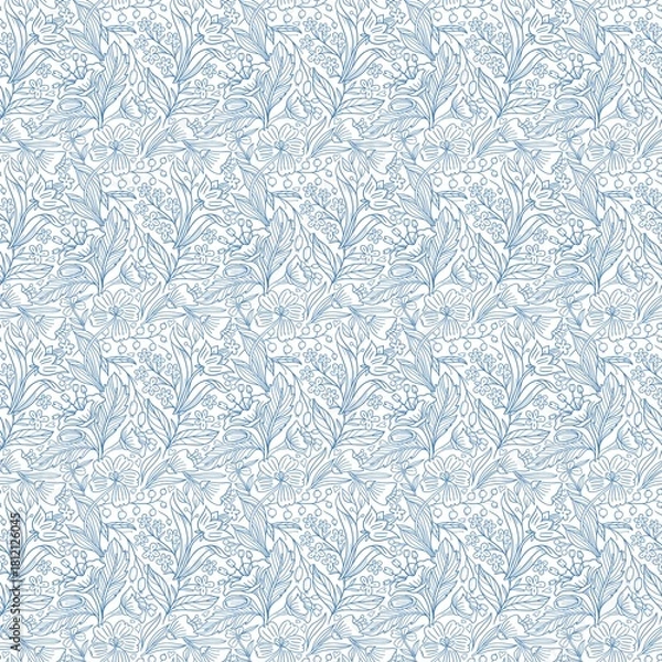 Fototapeta Seamless pattern featuring blue floral and leaf outlines on a white background in a repeating design