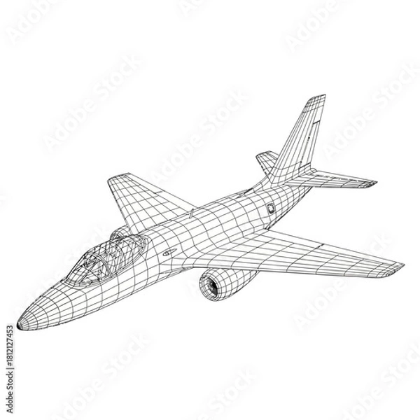 Fototapeta A three-dimensional wireframe model of a military jet aircraft on a white background.