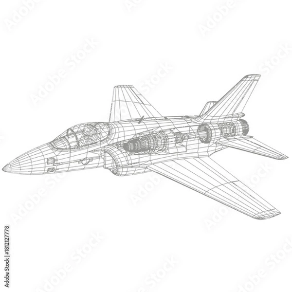 Fototapeta Wireframe 3D model of a modern military jet fighter aircraft, showing its structural outline and design.