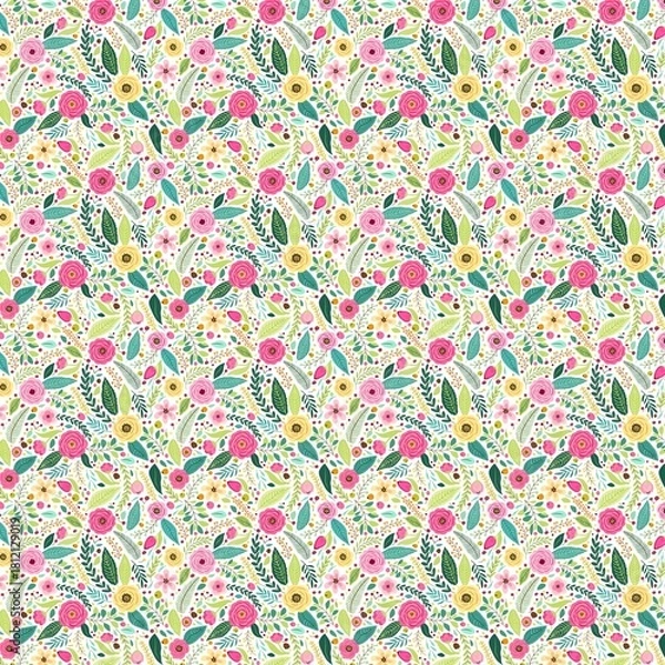 Fototapeta Seamless pattern with pink roses yellow flowers and green leaves on a white background design element