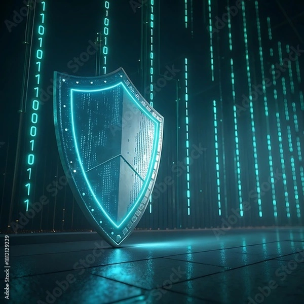 Fototapeta Cyber security shield protecting data with binary code