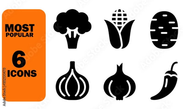 Obraz Collection of monochrome vegetables icons broccoli corn potato onion garlic and chili pepper