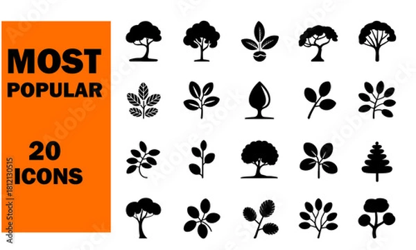 Obraz Collection of 20 tree and plant silhouettes with branches and leaves isolated on white background for design element