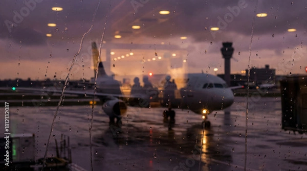 Obraz Inside an airport terminal, raindrops on the window reveal an aircraft on the tarmac, ideal for travel brochures or weather-related content.