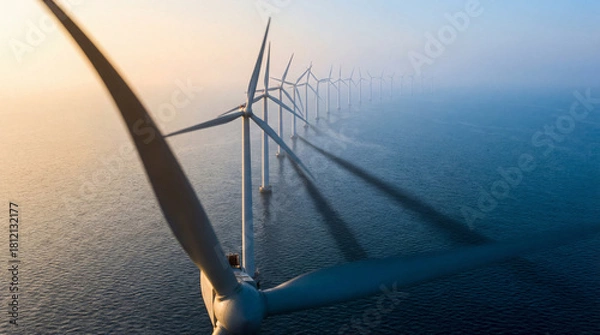 Obraz Breathtaking aerial view of an offshore wind farm featuring wind turbines at sunrise, ideal for environmental projects and energy-related content.